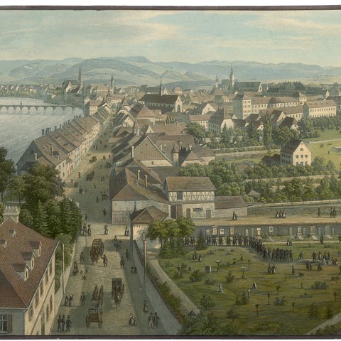 Blick vom St. Johanntor stadtwärts und in die St. Johannsvorstadt um 1844 Schn. 2 Staatsarchiv Basel-Stadt. Vergrösserte Ansicht