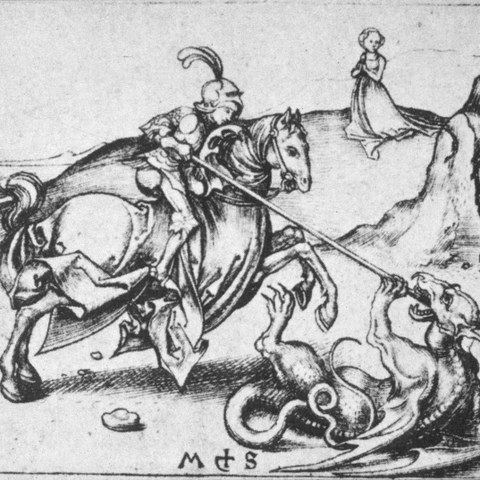 Der heilige Georg als Drachtöter - von Martin Schongauer Wikimedia commons. Vergrösserte Ansicht