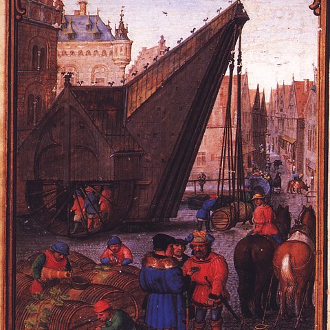 Mittelalterlicher Kran aus einem flämischen Stundenbuch ca. 1500 von Simon Bening Wikimedia commons. Vergrösserte Ansicht
