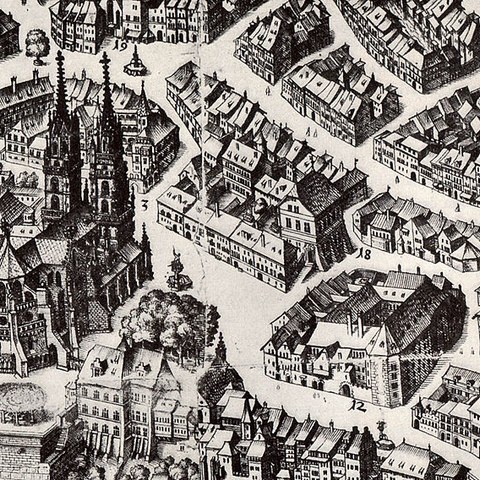 Münsterplatz Matthäus Merian 1615 von Wikimedia Commons. Vergrösserte Ansicht