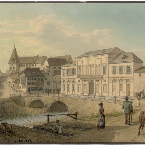 Birsig beim Steinenberg 1860 Schn. 49 aus dem Staatsarchiv Basel-Stadt. Vergrösserte Ansicht