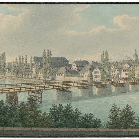 Mittlere Brücke vor 1859 Schn. 224 aus dem Staatsarchiv Basel-Stadt. Vergrösserte Ansicht