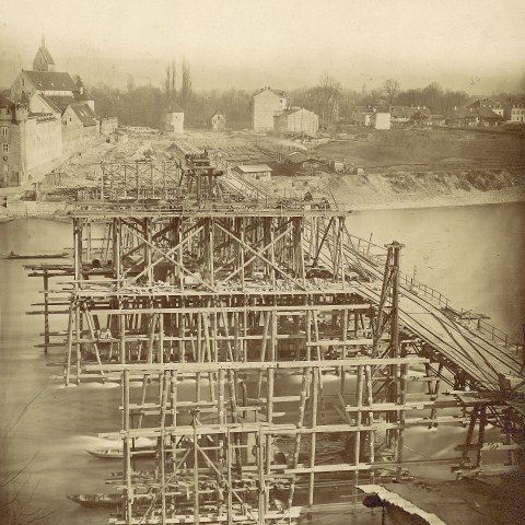 Wettsteinbrücke im Bau Bild 1 98 aus dem Staatsarchiv Basel-Stadt. Vergrösserte Ansicht
